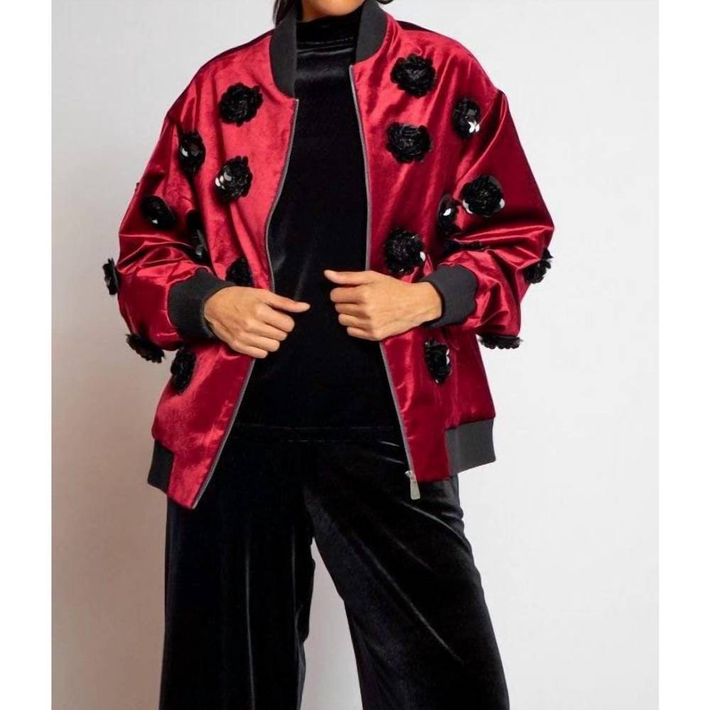 NEW EVA FRANCO velvet floral embroidered bomber jacket in burgundy